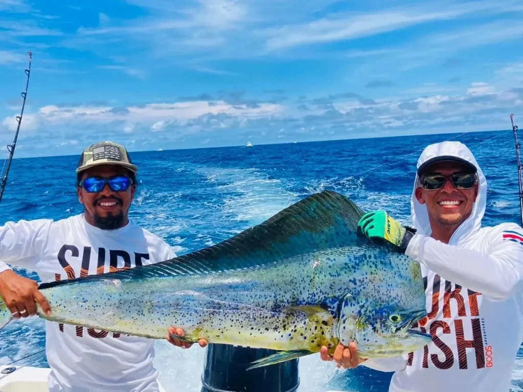 Crew with a brightly colored mahi-mahi (dorado) caught offshore in the Pacific waters off Playa Potrero, Costa Rica