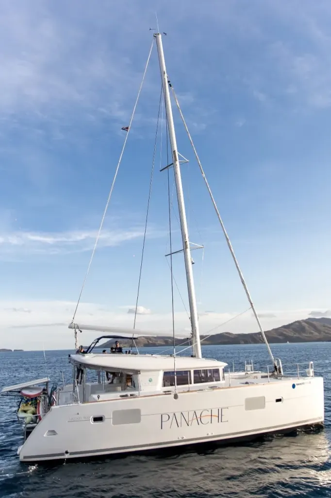 The Panache catamaran anchored off Playa Flamingo, Guanacaste, Costa Rica