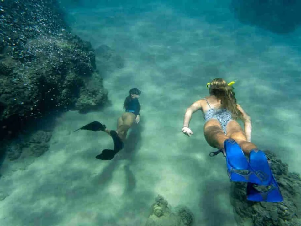 Two women free-diving side by side over a sandy reef bottom while snorkeling in Playa Potrero, Guanacaste, Costa Rica