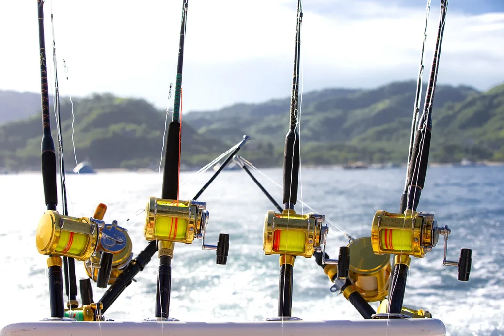 Tournament fishing reels lined up aboard a charter off the Guanacaste coast, Costa Rica