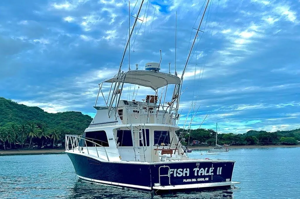 Fish Tale II sportfishing boat, a 35' Cabo, anchored off Playa Flamingo, Costa Rica