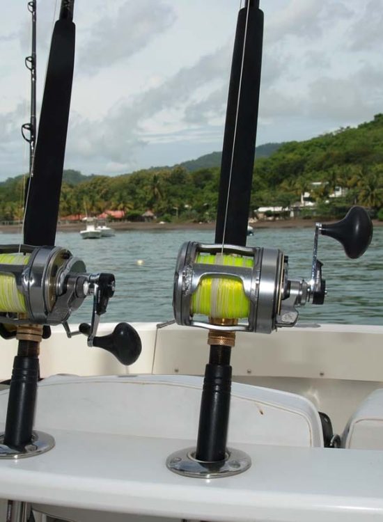 Bushwacker rods and reels getting ready to depart from the Flamingo Marina for a fishing charters Guanacaste trip.