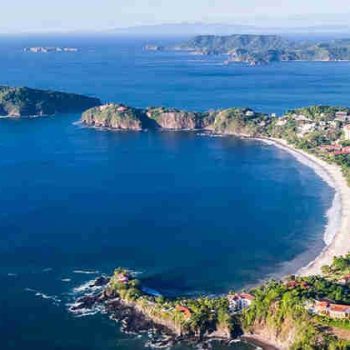 Playa Flamingo, Guanacaste, Costa Rica as seen from Drone view, highlights Playa Flamingo and Marina
