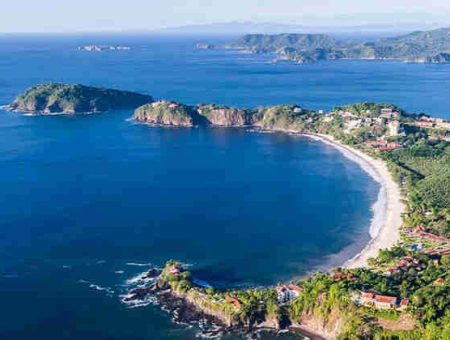Playa Flamingo, Guanacaste, Costa Rica as seen from Drone view, highlights Playa Flamingo and Marina